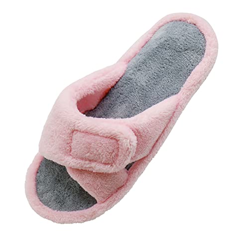 Magtoe Adjustable House Slippers for Women Open Toe Soft Coral Velvet,Comfortable Indoor Slip on Slides Sandals Memory Foam Lady Home Shoes for Bedroom Spa Living Room , All Seasons 1 Pair, Pink & Gray, Size M 7-8