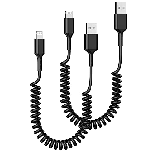 Apple MFi Certified 2 Pack Coiled Lightning Cable, 6FT Retractable iPhone Charger Cable for Car Short USB to Lightning Cord Compatible with iPhone 14 13 12 11 Pro Max XS XR X 8 7 6 5 iPad, Black