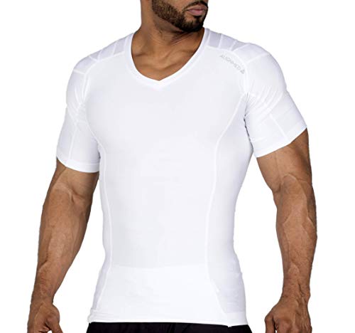 ALIGNMED Posture Shirt Pullover for Men  Breathable, Compression & Performance Active Wear for Yoga, Fitness & Sports  Increases Upper Body Strength (White, Large)