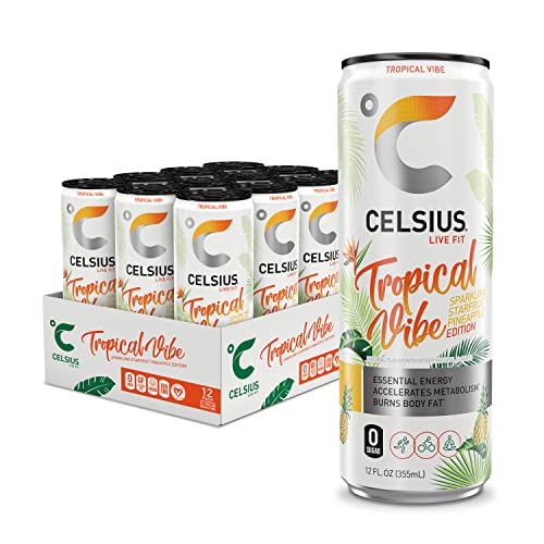 CELSIUS Sparkling Tropical Vibe, Functional Essential Energy Drink 12 Fl Oz (Pack of 12)