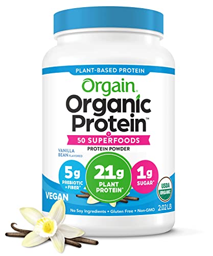 Orgain Organic Protein + Superfoods Powder, Vanilla Bean - 21g of Protein, Vegan, Plant Based, 5g of Fiber, No Dairy, Gluten, Soy or Added Sugar, Non-GMO, 2.02lb