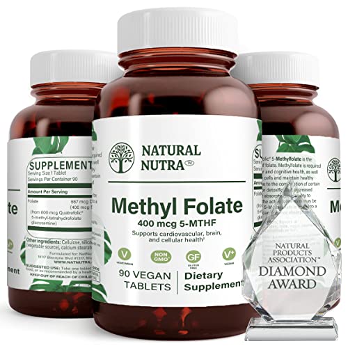 Natural Nutra Active Methyl (Methylated) Folate Supplement with Quatrefolic, L-5-MTHF (Methyltetrahydrofolate), Vitamin B9, MTHFR, 90 Vegan Tablets