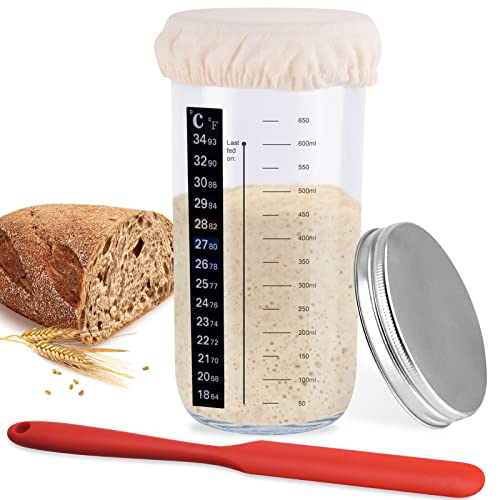 NEOBELLA Sourdough Starter Jar, Sourdough Starter Kit With Thermometer, Scraper, Cloth Cover And Metal Lid, 24 Oz Wide Mouth Sour Dough Starter Container Use For Sourdough Bread Baking Supplies
