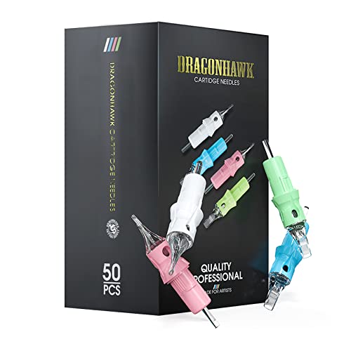 Dragonhawk Tattoo Cartridges Needles for Studio Artists, Disposable Standard Tattoo Needles Kit by Dragonhawklabs, 50Pcs Mixed Sizes 1207RM, 1209RM, 1211RM, 1213RM, 1215RM (#12 Curved Magnum)