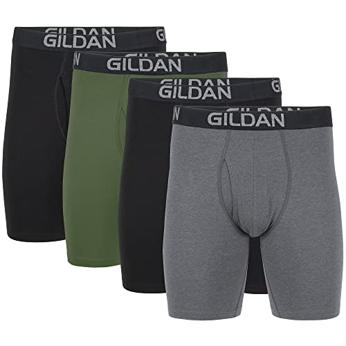 Gildan Men's Underwear Cotton Stretch Boxer Briefs, Multipack, Black Soot/Heather Dark Grey/Green Midnight (4-Pack), Medium
