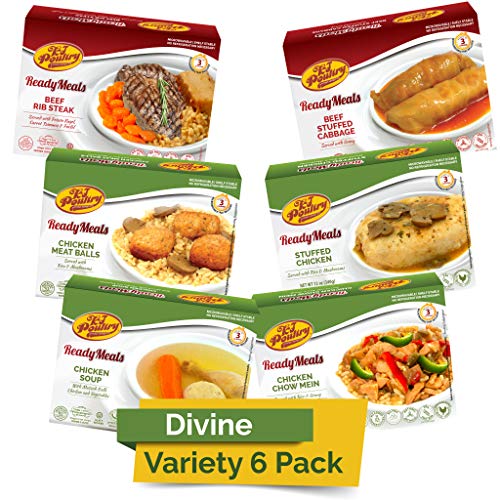 Kosher MRE Meat Meals Ready to Eat (6 Pack Divine Variety - Beef & Chicken) Prepared Entree Fully Cooked, Shelf Stable Microwave Dinner  Travel, Military, Camping, Emergency Survival Protein Food