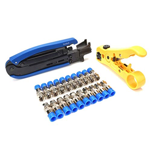 Yankok [Coaxial Cable Crimper Kit] with Coax Crimper, Cable Striper Cutter and 20 Pcs F Connectors for RG6 RG11 RG59 F81 RCA Compression Crimp Tool