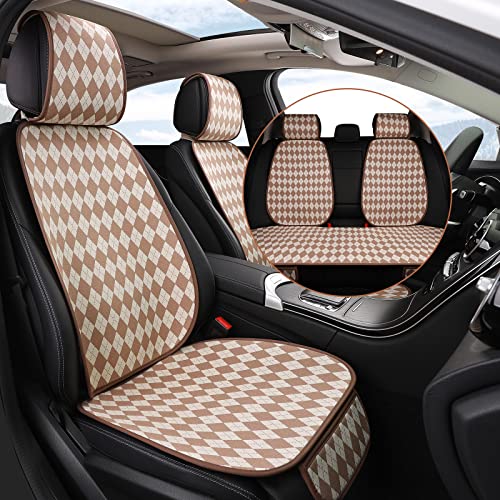 Wekar WK-004 Cute Car Seat Covers for 5 Seats, Breathable Cotton Seat Covers for Cars with Fashion Pattern, Bottom Car Seat Cover with Back Covers and headrest Fit 98% Cars, Anti-Slip, Khaki