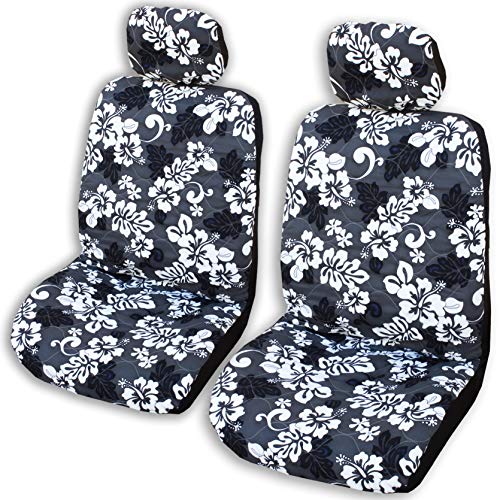 Side Airbag Compatible; Gray Monstera's Shadow Hawaiian Separate Headrest Car Seat Cover; Made in Hawaii; Set of 2