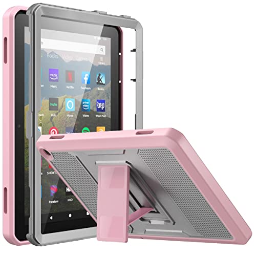 MoKo Protective Case Compatible with Kindle Fire HD 8 & 8 Plus Tablet (10th Generation, 2020 Release), Full Body Rugged Shell Heavy-Duty Cover with Built-in Screen Protector, Gray/Pink