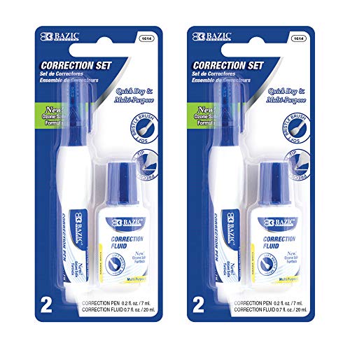 BAZIC Correction Fluid, Soft Bristle Brush & Precise Metal Tip Applicator, Fine Point Corrections Pen White Out Wipe Out Liquid (2/Pack), 2-Packs