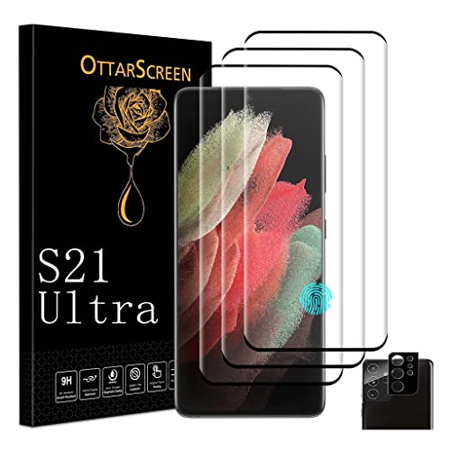 OttarScreen Galaxy S21 Ultra Screen Protector, 1 Pack Tempered Glass Camera Lens Protector, Compatible Fingerprint, 3D Glass 9H Hardness Tempered Glass Screen Protector for Samsung Galaxy S21 Ultra 5G3+1 Pack