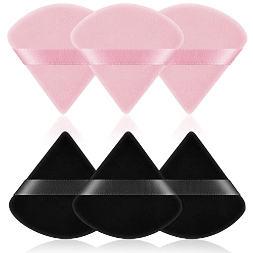 AUAUY 6 PCS Powder Puffs, Pure Cotton Soft Triangle Wedge Makeup Powder Puff for Loose Powder Mineral Powder Body Powder Cotton Velour Cosmetic Foundation Sponge Makeup Tool (3 Black + 3 Powder)