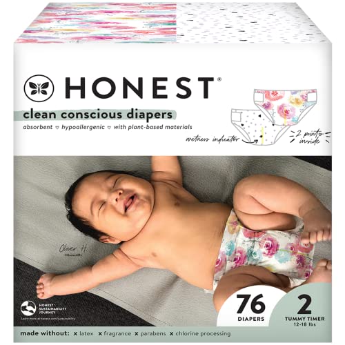 The Honest Company Clean Conscious Diapers | Plant-Based, Sustainable | Young At Heart + Rose Blossom | Club Box, Size 2 (12-18 lbs), 76 Count