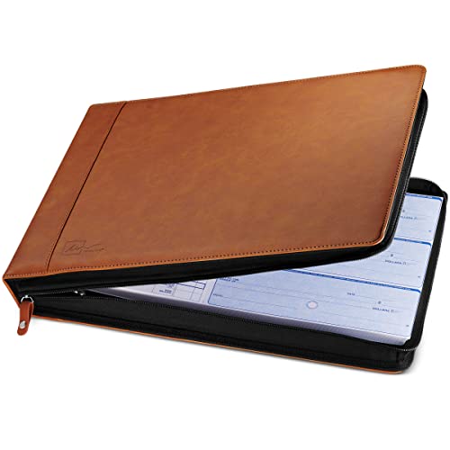 Inkline 7 Ring Check Binder Portfolio -Professional PU Leather Binder with Zippered Closure -500 Check Capacity -9x13 Inch Sheets -Document & Card Organizer - Large Tablet Pocket - Brown (80016)