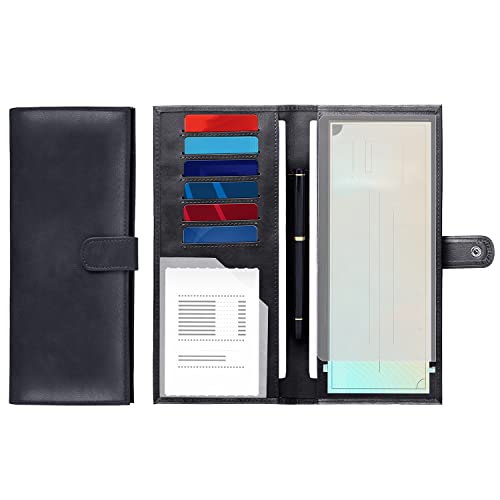 LLi Cufite Business Size and Travelers Check Large Checkbook Cover for Side & Top Tear Checks, Deposit Tickets, Companion Checks, Leather Check Book Cover with Duplicate Check Sleeve & Card Slots