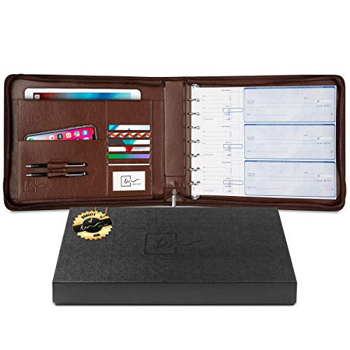 Inkline 7 Ring Check Binder Portfolio -Professional PU Leather Binder with Zippered Closure -500 Check Capacity -9x13 Inch Sheets -Doc & Card Organizer -Large Tablet Pocket - Mahogany Brown (80002)