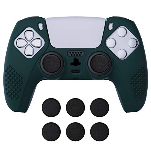 eXtremeRate PlayVital Racing Green 3D Studded Edition Anti-Slip Silicone Cover Skin for ps5 Controller, Soft Rubber Case for ps5 Wireless Controller with 6 Black Thumb Grip Caps