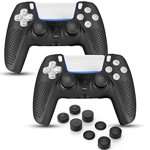 FAMOMI PS5 Controller Skin, Anti-Slip Soft Silicone Protective Cover Case for Playstation 5 Dualsense Controller Grip Accessories, 2 Pack with 8 x Thumb Grip Caps (Black&Black)