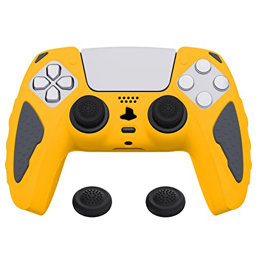 PlayVital Knight Edition Caution Yellow & Graphite Gray Two Tone Anti-Slip Silicone Cover Skin for ps5 Controller, Soft Rubber Case for ps5 Wireless Controller with Thumb Grip Caps