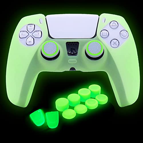 HLRAO PS5 Controller Skins Silicone Grip Glow in The Dark Protective Case for PS5 Dualshock 5 Controller + 8 PCS Thumb Grips Caps & L2 R2 Trigger and 2 Grips Caps Glow in The Dark.