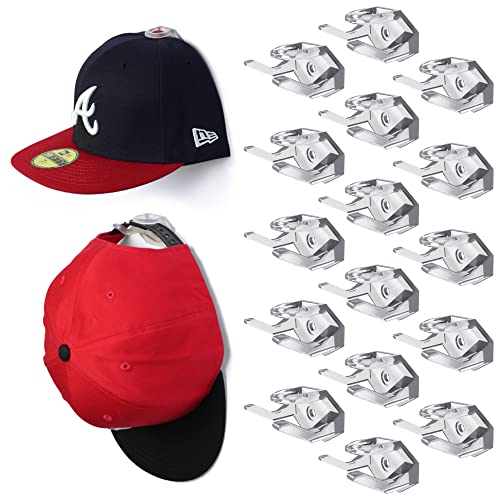 Modern JP Adhesive Hat Hooks for Wall (16-Pack) - Hat Rack for Baseball Caps, Minimalist Hat Display, Strong Hold Hat Hangers for Wall - U.S. Patent Pending, Clear