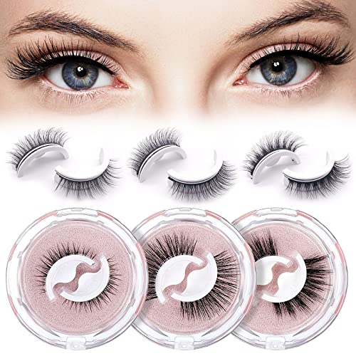 Self Adhesive Eyelashes 3 Pairs, Reusable Waterproof Long Extension False Eyelashes without Magnetic and Glue, Three Different Types Natural Look