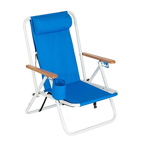 Folding Lounge Chair,Portable High Beach Chair,Patio Folding Lightweight Camping Chair, Outdoor Garden Park Pool Side Lounge Chair, with Cup Holder, Adjustable Headrest,Blue