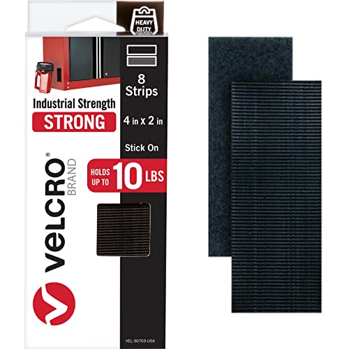 VELCRO Brand Heavy Duty Fasteners | 4x2 Inch Strips with Adhesive 8 Sets | Holds 10 lbs | Black Industrial Strength Stick On Tape | Indoor or Outdoor Use (VEL-30703-USA)