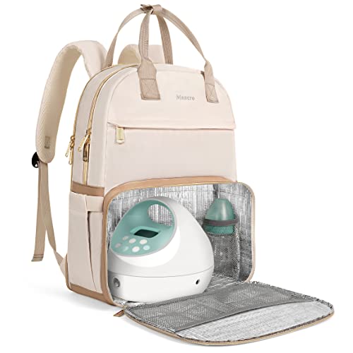 Mancro Breast Pump Backpack with Insulated Pockets, Large Diaper Bag Backpack with USB Charging Port, Breast Pump Bag fits for Spectra S1, S2, Medela, Pumping Bag for Working Mom, Beige