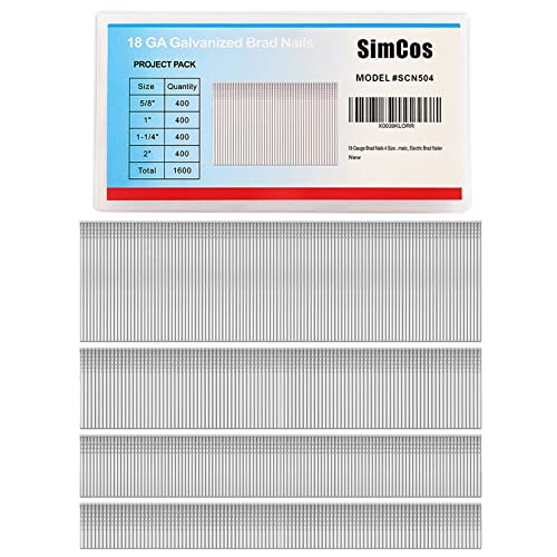 SimCos 18 Gauge Brad Nails 4 Sizes (2",1-1/4",1",5/8") 1600-count Galvanized 18 GA Nail Gun Nails Assorted and Small Finishing Nails for Pneumatic, Electric Brad Nailer