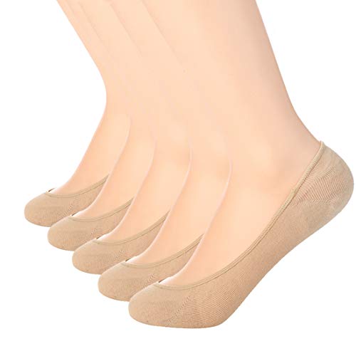 Ultra Low Cut Liner Socks Women No Show Non Slip Hidden Invisible for Flats Boat Summer Beige 5 Pairs