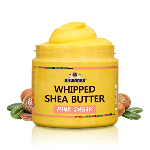 AKWAABA Whipped Shea Butter (Pink Sugar) 12 oz - Body & Hair Moisturizer - With Raw Shea Butter from Ghana - Rich Vitamins A and E - Natural Yellow