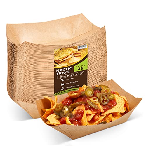 45 PCs Paper Food Trays Disposable - 3 lbs. Capacity Premium Craft Paper Food Boats for Nachos, Treats, Fast Food  Greaseproof & Eco-Friendly Nacho Boats for Carnivals, Festivals, Picnic