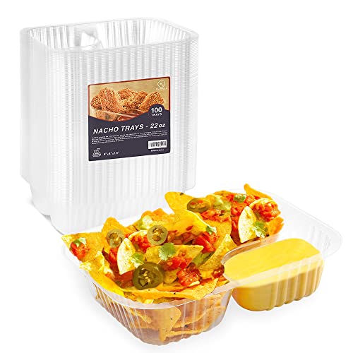 Klineus 100 Pcs Nacho Trays for Party - Large 6"x8" Nacho Trays Disposable 22 Oz - 2 Compartments Clear Plastic Nacho Containers with Chip and Dip Holder - Nacho Tray for Kids, Theater, Festivals