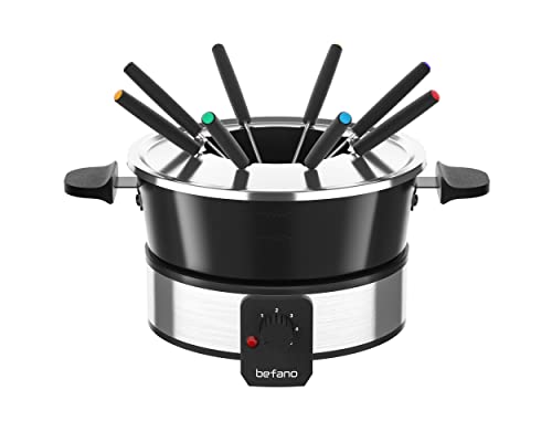 Befano Stainless Steel Fondue Pot with Temperature Control, Forks, Cups, and Rack, 2-Quart, Non-Stick, Perfect for Chocolate, Cheese, Caramel, Marshmallows, Great for Valentine's Day