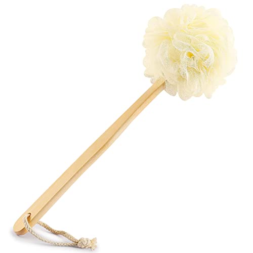 D Loofah on a Stick Exfoliating Lufa Back Scrubber for Shower, Shower Sponge with Long Handle, Handheld Bath Body Brush for Men and Women Beige