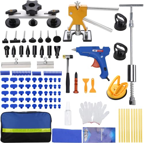 97PCS Dent Puller Kit, Paintless Auto Body Dent Repair Kit with Golden Lifter, Slide Hammer T-bar Dent Puller, Bridge Puller, Suction Cup and Glue Gun for Car Dent Remove Auto Body Dent Removal Kit