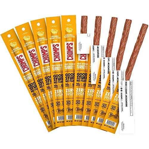 CHOMPS Free Range Turkey Jerky Meat Snack Sticks, Keto, Paleo, Whole30 Approved, Low Carb, High Protein, Sugar Free, Gluten Free, Non-GMO, 60 Calories 1.15 Oz Sticks, Original Turkey 10 Pack