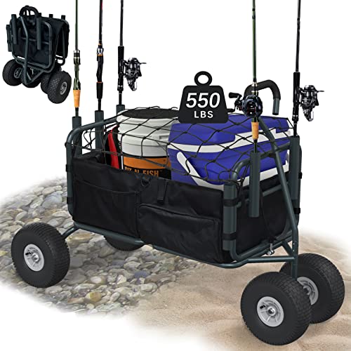 GDLF Fishing Cart Beach Carts Heavy Duty Foldable Collapsible Wagon with Big Wheels and Rod Holders 550 Pound Capacity 53.9"x26.4"x38.8"