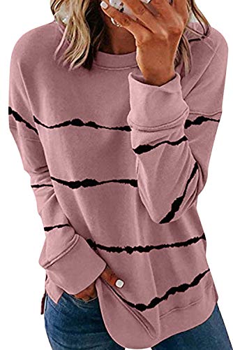 KINGFEN Womens Ladies Fashion 2021 Crewneck Tie Dye Sweatshirt Striped Printed Oversized Loose Casual Side Split Long Sleeve Fall Pullover Tops Shirts Hoodies & Sweatshirts for Women Pink Medium