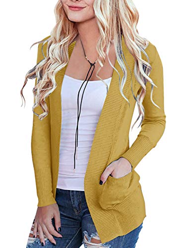 MEROKEETY Women's Open Front Casual Knit Cardigan Classic Long Sleeve Sweater Coat, Mustard, M