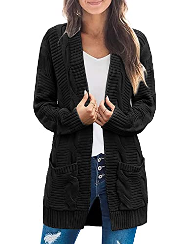 MEROKEETY Women's Long Sleeve Cable Knit Cardigan Sweaters Open Front Fall Outwear Coat Black