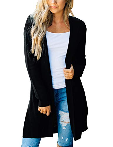 MEROKEETY Women's Long Sleeve Open Front Hoodie Knit Sweater Cardigan Outwear A-Black