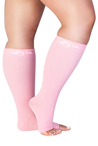 Zeta Plus Size Leg Sleeve Open Toe Support Socks - The Wide Calf Open Toe Compression Socks Women Love for Its Amazing Fit, Cotton-Rich Comfort, Graduated Compression & Soothing Relief, 1 Pair, Size 3XL, Pink