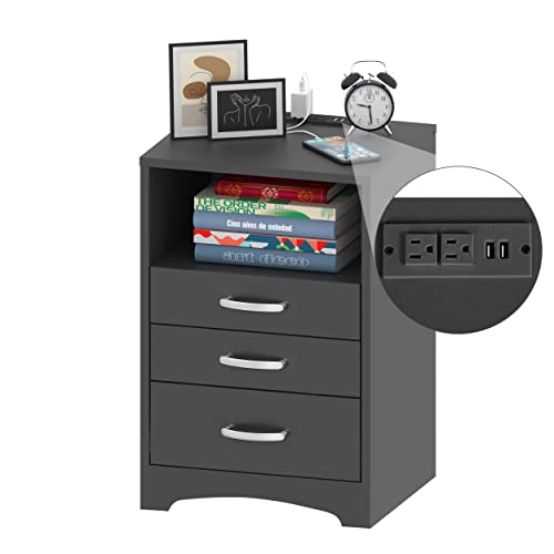 HOSEOKA 3 Drawers Black Nightstand with Wireless Charging Station and LED Lights, Side Table with Open Storage Bedside End Table Night Stand Storage Cabinet for Bedroom, Black