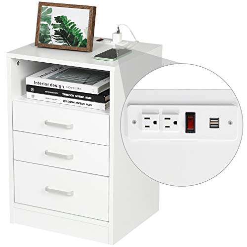 ADORNEVE Nightstand 3 Drawers with Open Storage,Side Tables Bedroom with Charging Station,Bedside Table with Drawers,White