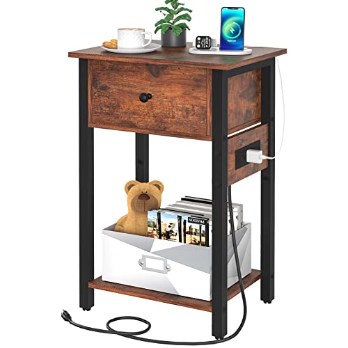 Yoobure Nightstand with Charging Station, Side Table End Table with Large Drawer and Storage Shelf, Bed Side Table/Night Stand with USB Ports & Outlets, Rustic Bedside Tables for Bedroom, Living Room