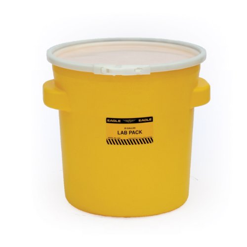 Eagle 20 Gallon Lab Pack Barrel Drum with Plastic Lever-Lock Lid, OD 20 7/16" X Height, 21 7/8" Top X 16 11/16" Bottom, Blow-Molded HDPE, Yellow, 1652