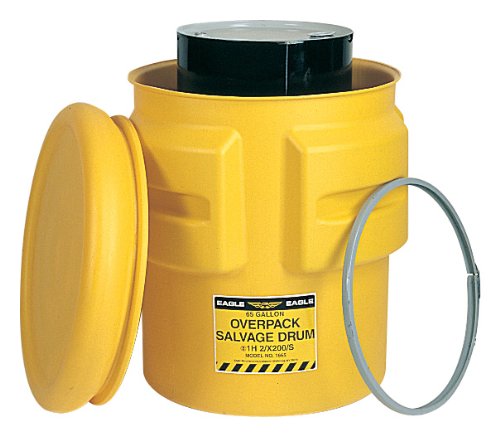 Eagle 65 Gallon Metal Band Salvage Barrel Drum with Bolt Lid, 39" Height, 31" Diameter, Blow-Molded HDPE, Yellow, 1665
